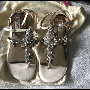 Badgeley Mischka jeweled flat sandals, worn once for wedding.